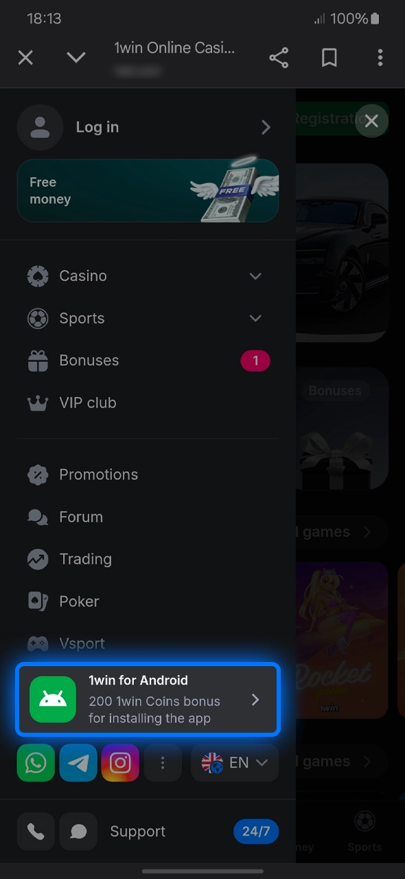 Learn how to open the App section on the 1win casino website.