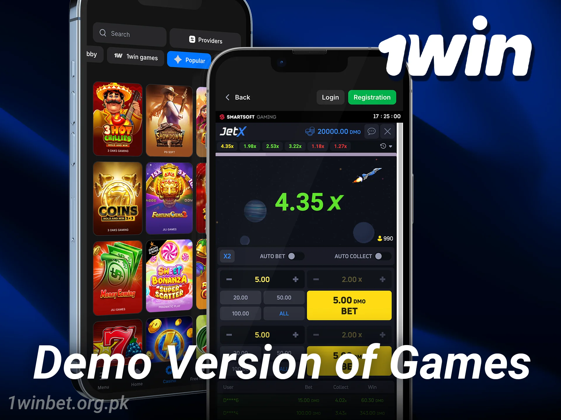 Test demo games for free in the 1win casino app.