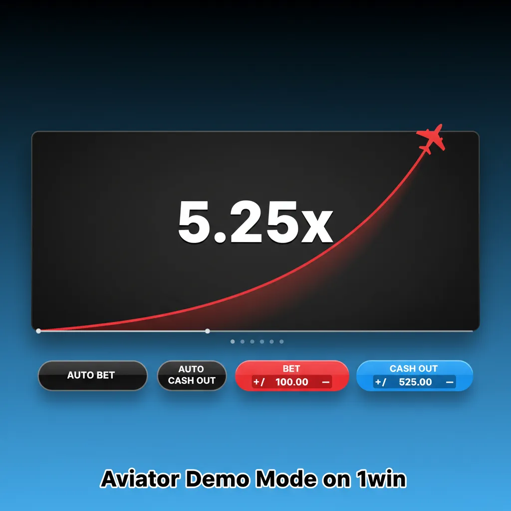 1win Aviator demo interface with plane and rising multiplier, virtual credits, Auto Bet, Auto Cash Out, and round history.