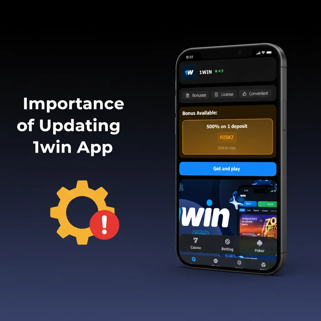 Phone with 1win app update; icons for live betting speed, security, payments, bug fixes, and Android/iOS support.