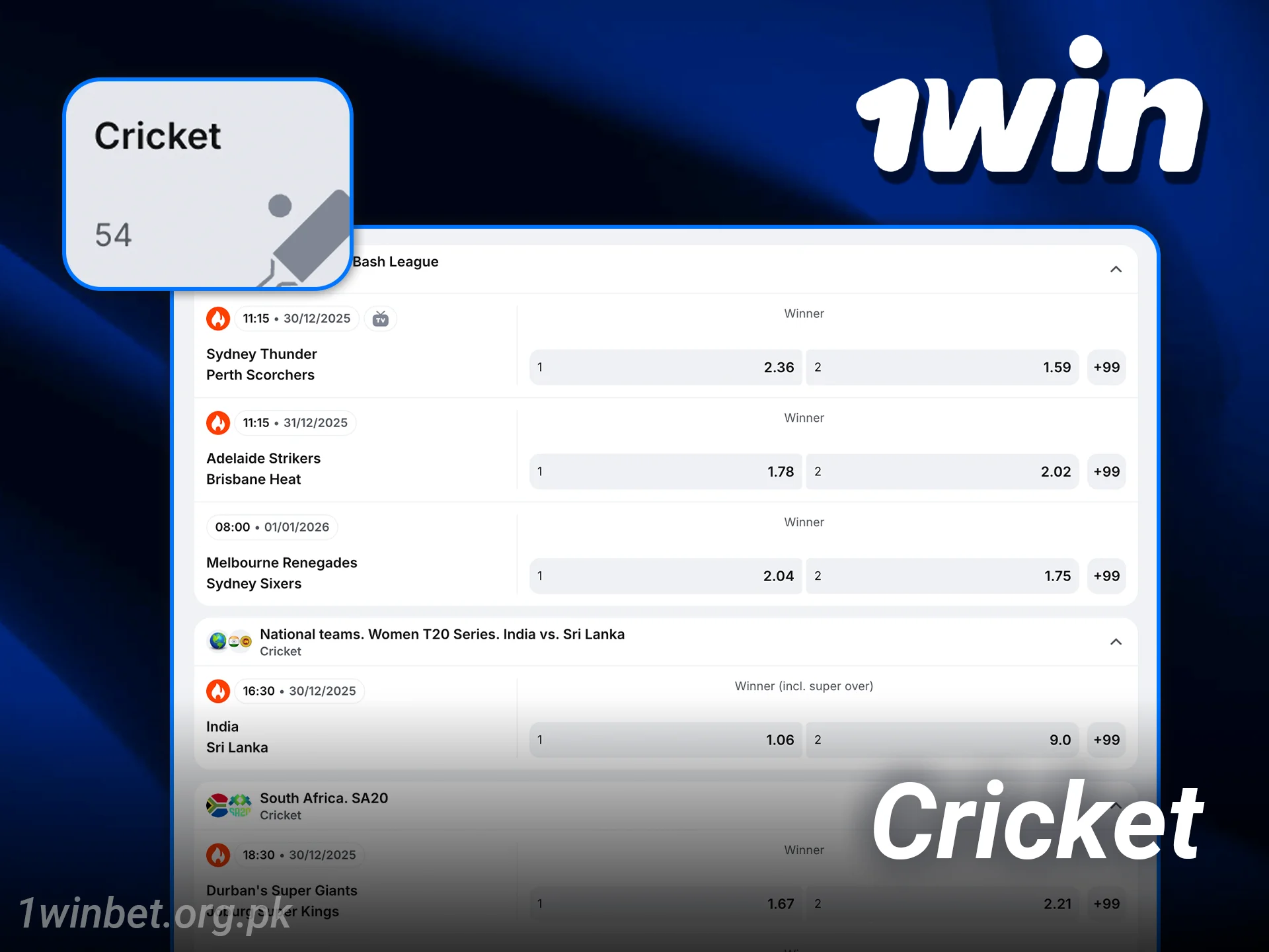 Place exciting cricket bets and enjoy live action at 1win casino.