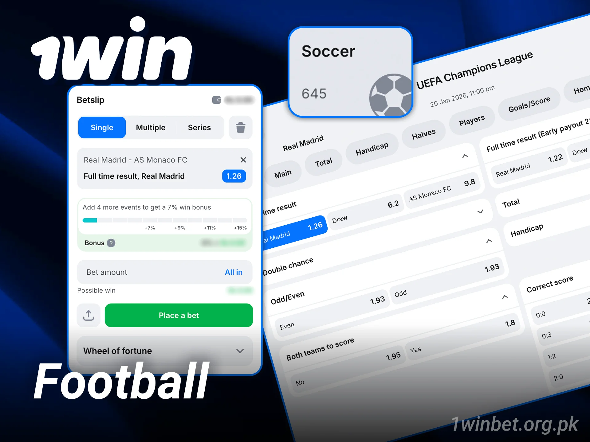 Follow top football leagues and bet on your favorite teams at 1win casino.
