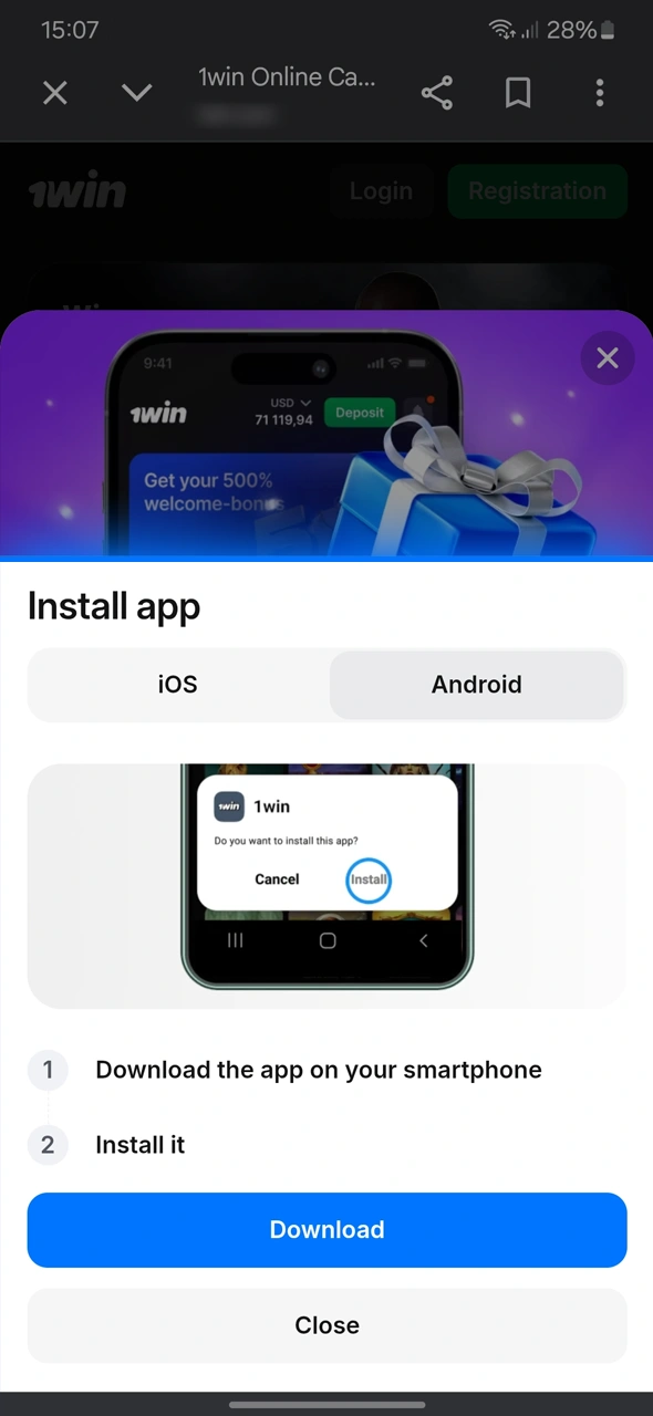 Download the APK and enable installs for the 1win app.