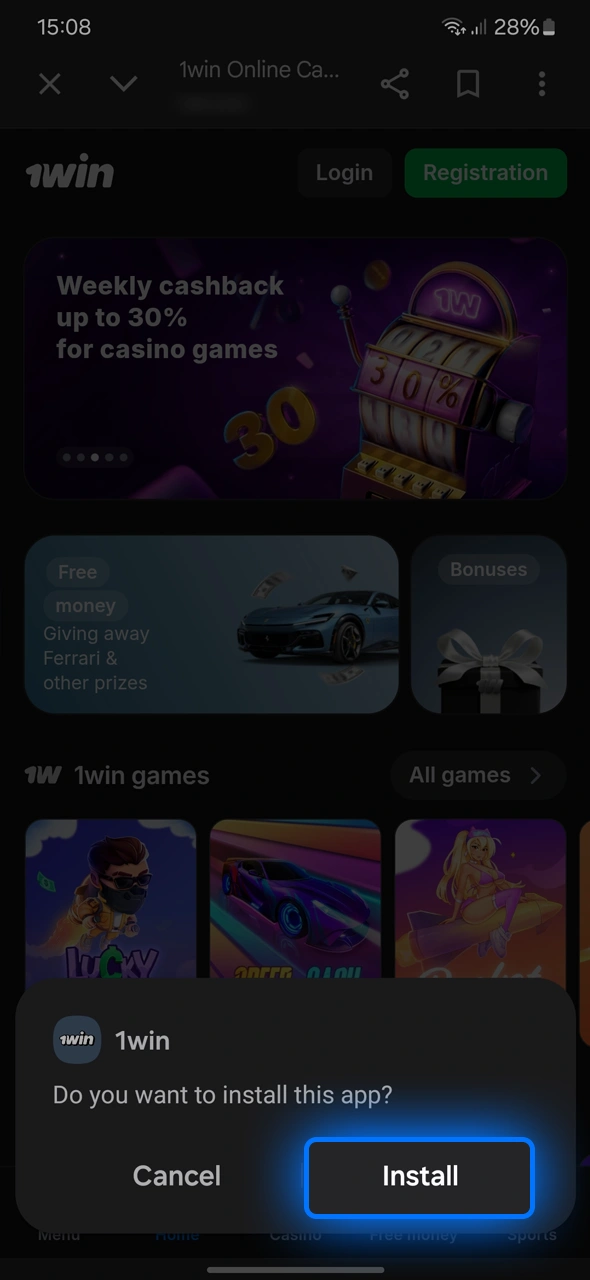 Open the APK file and install 1win on your phone.