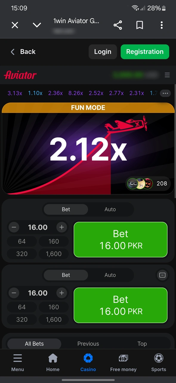 Set your bet and use the 1win Aviator cash-out feature.