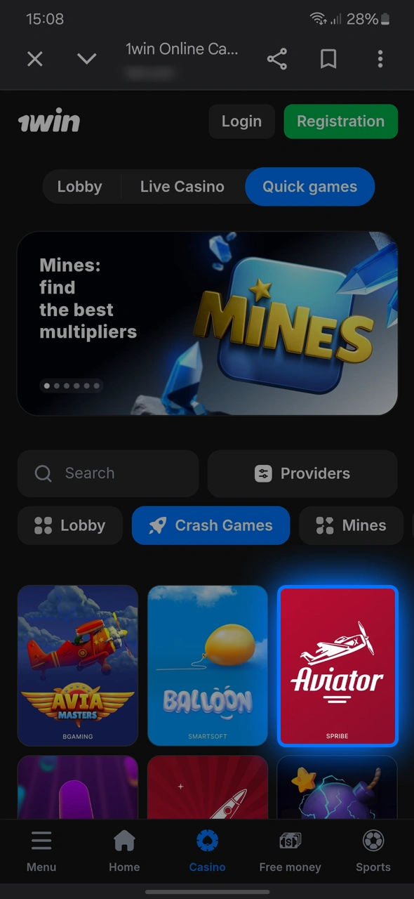 Log in and deposit at 1win to start playing Aviator.