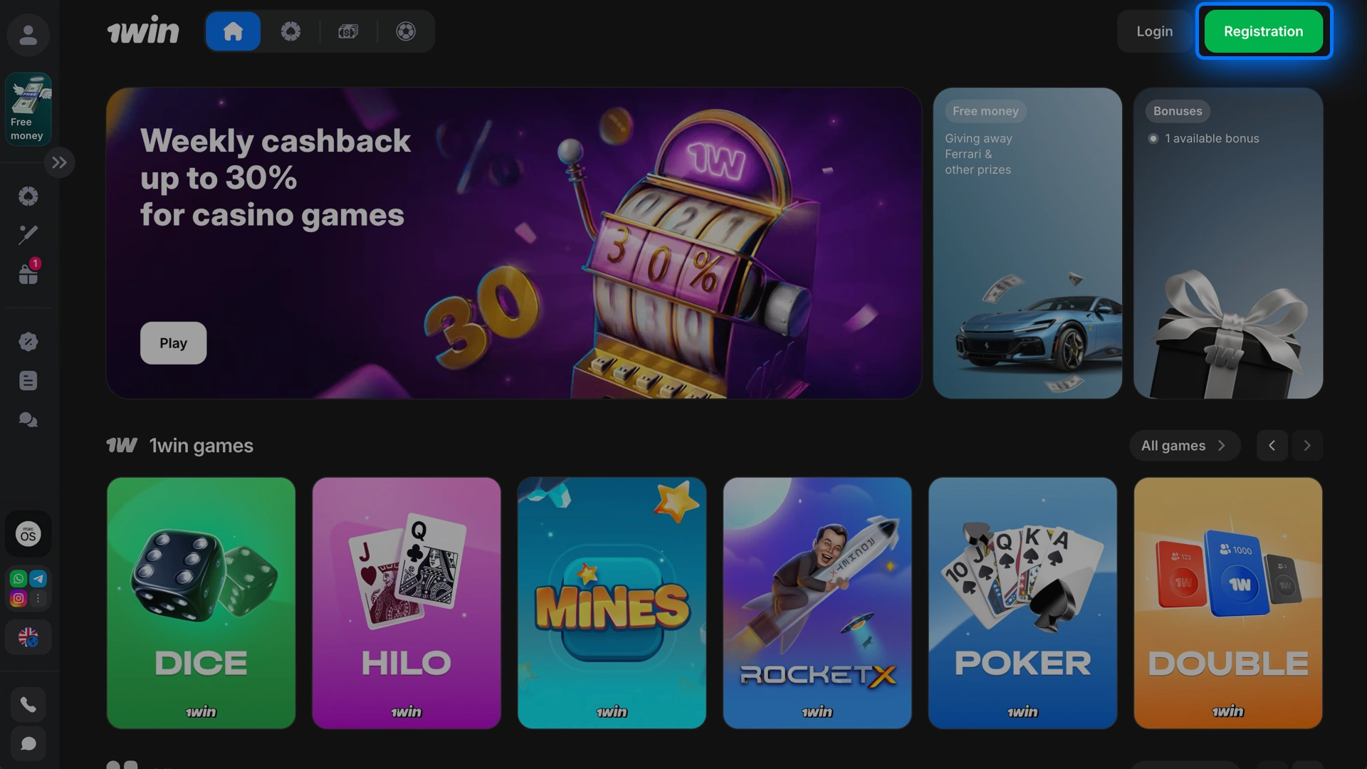 Click the button to start the registration 1win site.