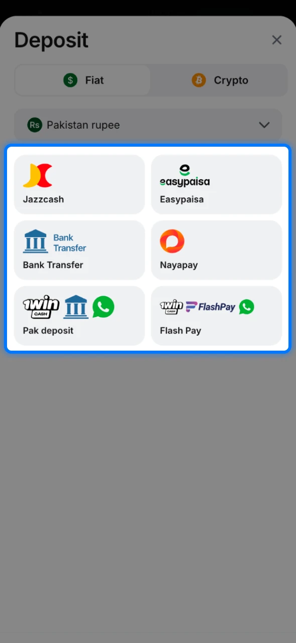 Pick the payment method for your 1win deposit to proceed with the transaction.