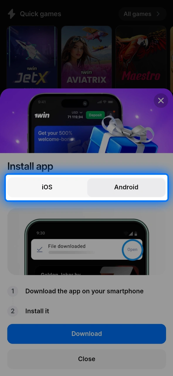 Choose Android or iOS to get the 1win esports app.