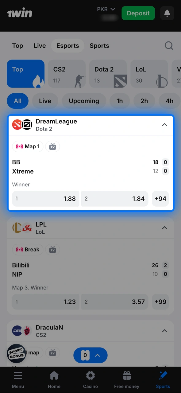 Pick a match and bet on esports through 1win app.