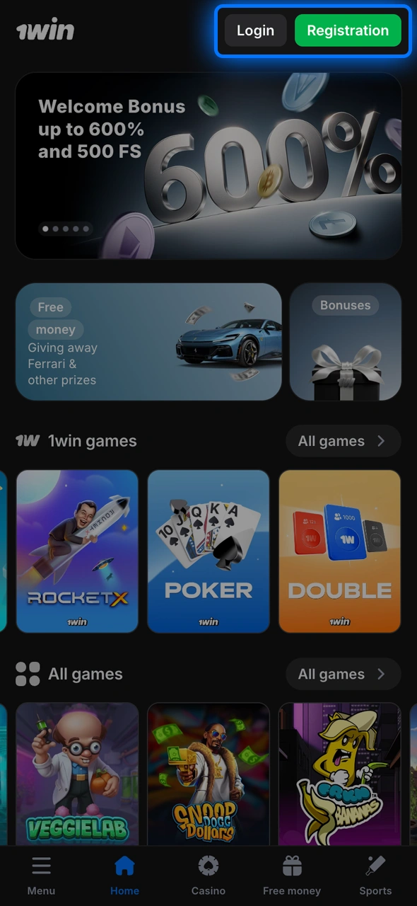 Sign in or register via the 1win mobile esports app.