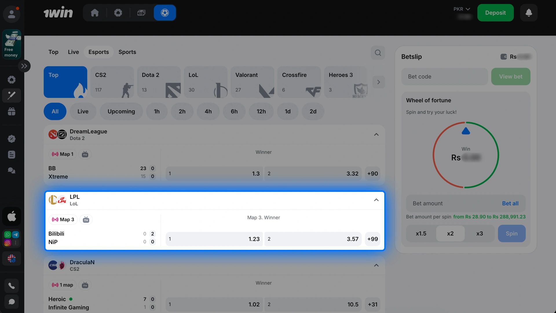 Choose esports from the 1win menu and find top tournaments.