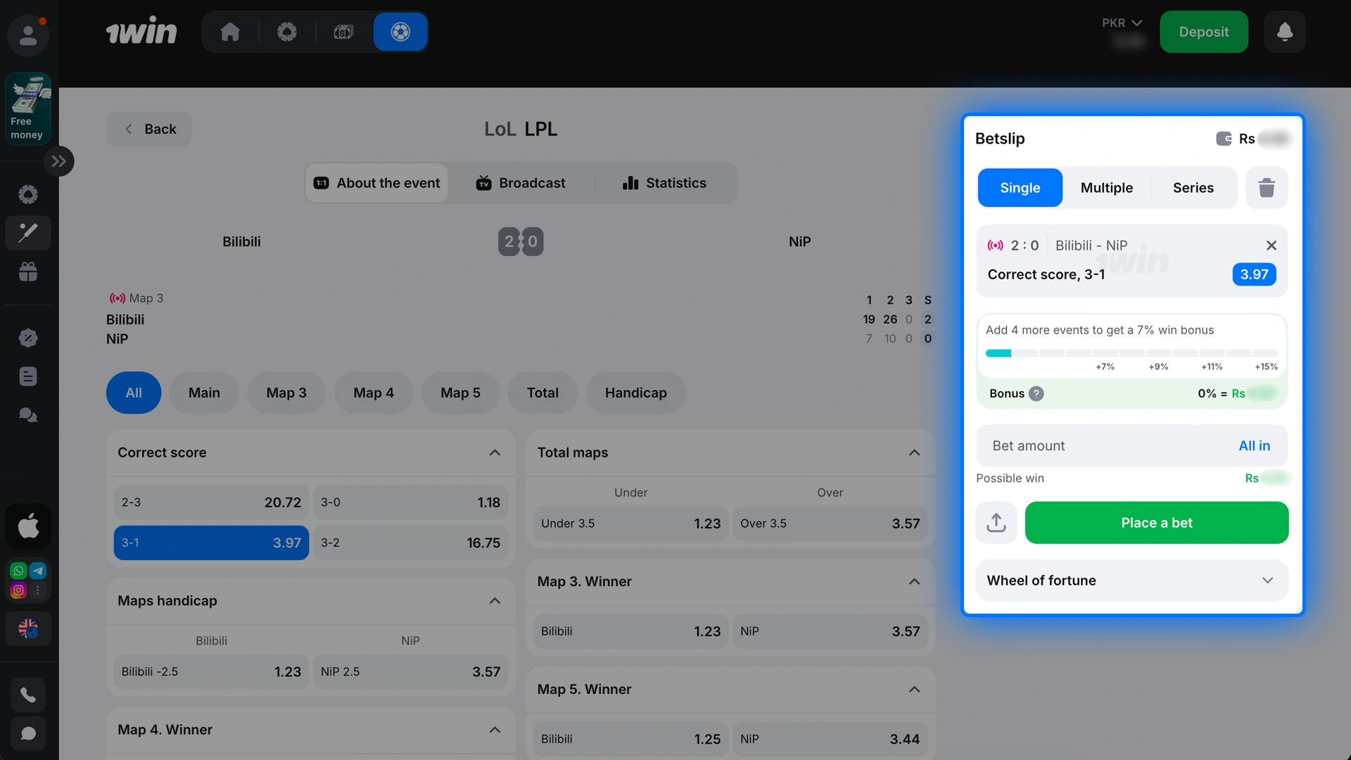 Set stake and confirm your first 1win esports betting slip.