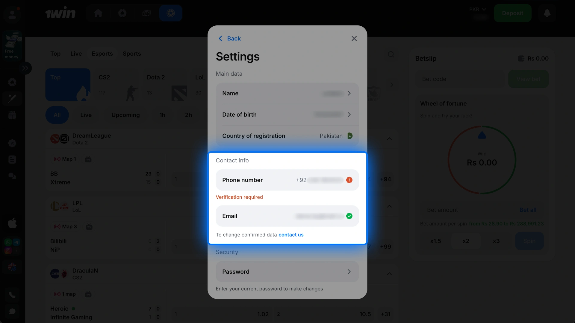 Verify email or phone to secure your 1win esports account.