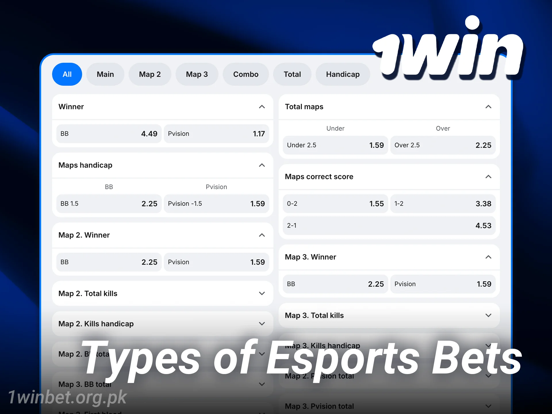 Learn about the various types of 1win esports bets you can place.