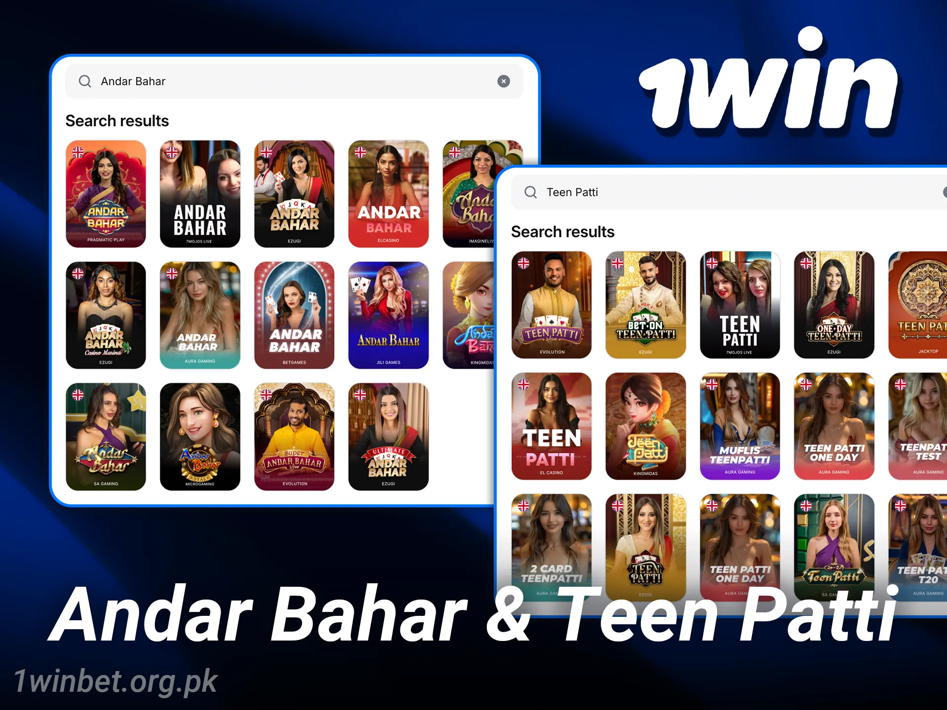 Play traditional live casino Andar Bahar and Teen Patti at 1win.