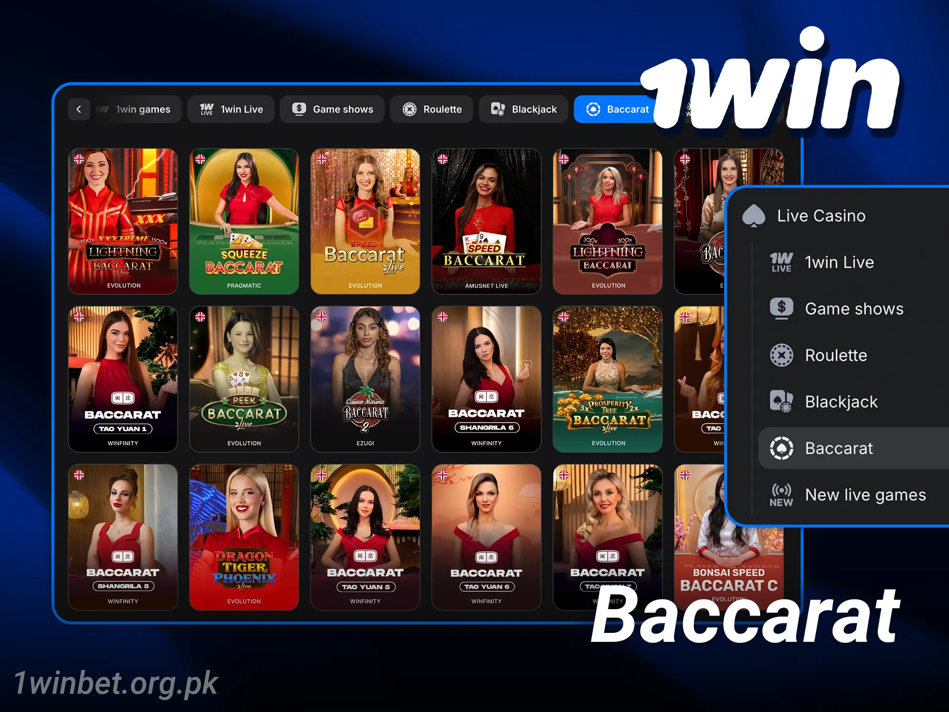 Join the high-stakes live casino baccarat tables available at 1win.
