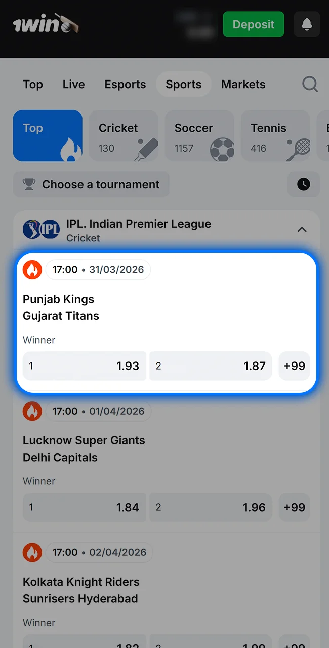 Choose a match on the 1win site today.