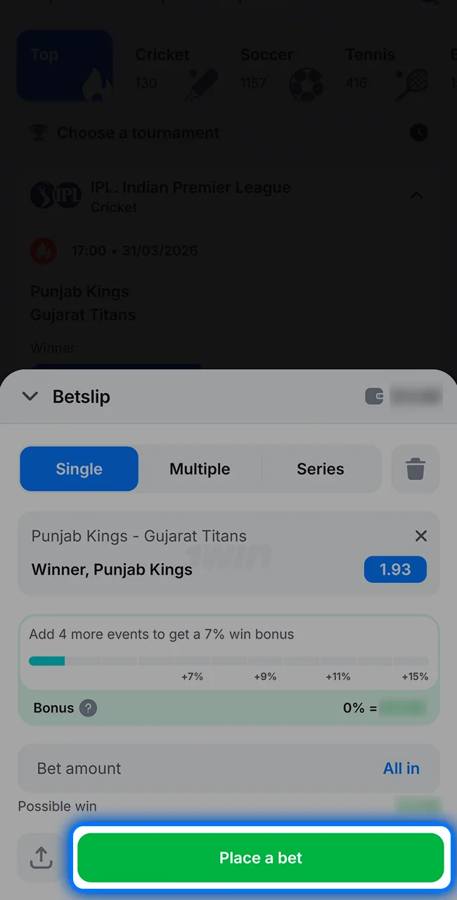 Select your market and place a bet on the 1win site now.