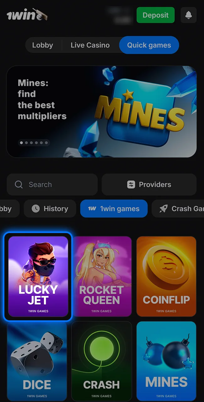 Find Lucky Jet in the lobby on the 1win site today.