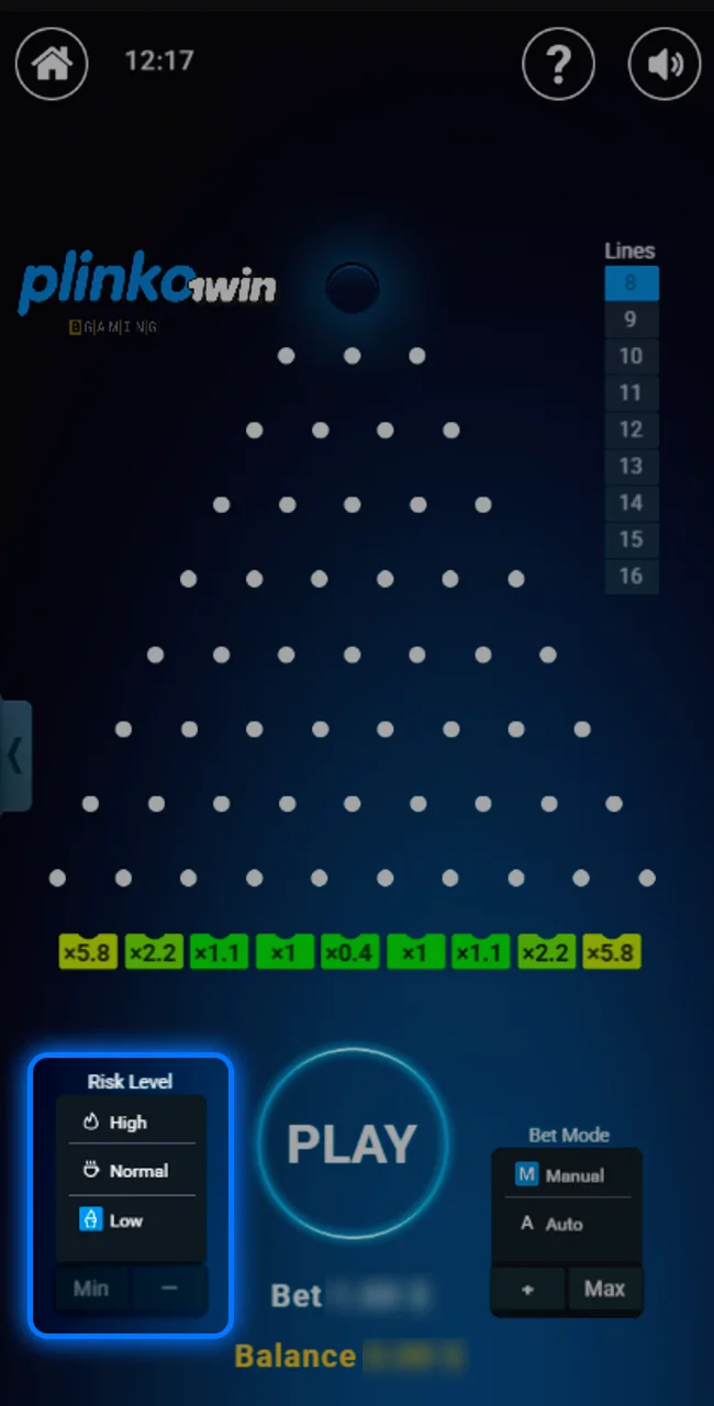 Set your risk level and bet amount on the 1win site now.