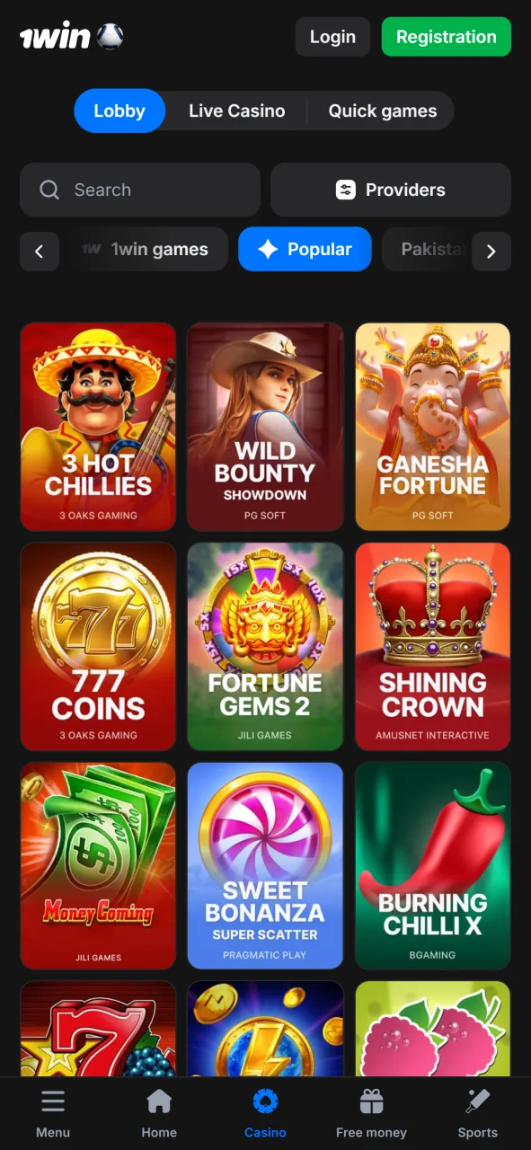 Try out many different casino games with 1win app.
